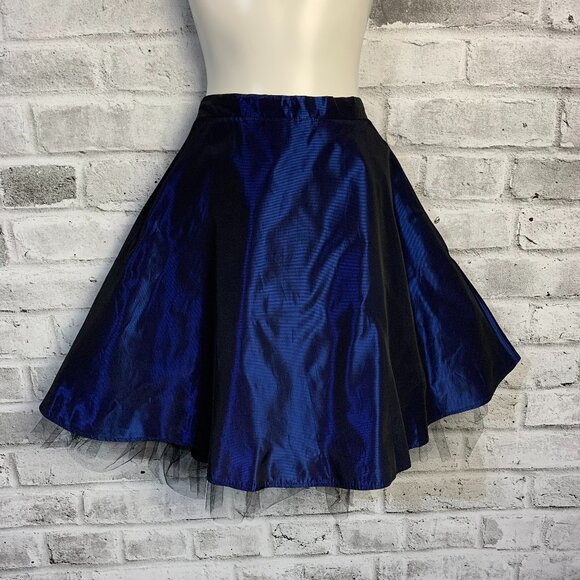 Vintage 90s Satin Skirt Medium Navy Black Tulle Hem Slip Full Circle Party Mini - Picture 1 of 11